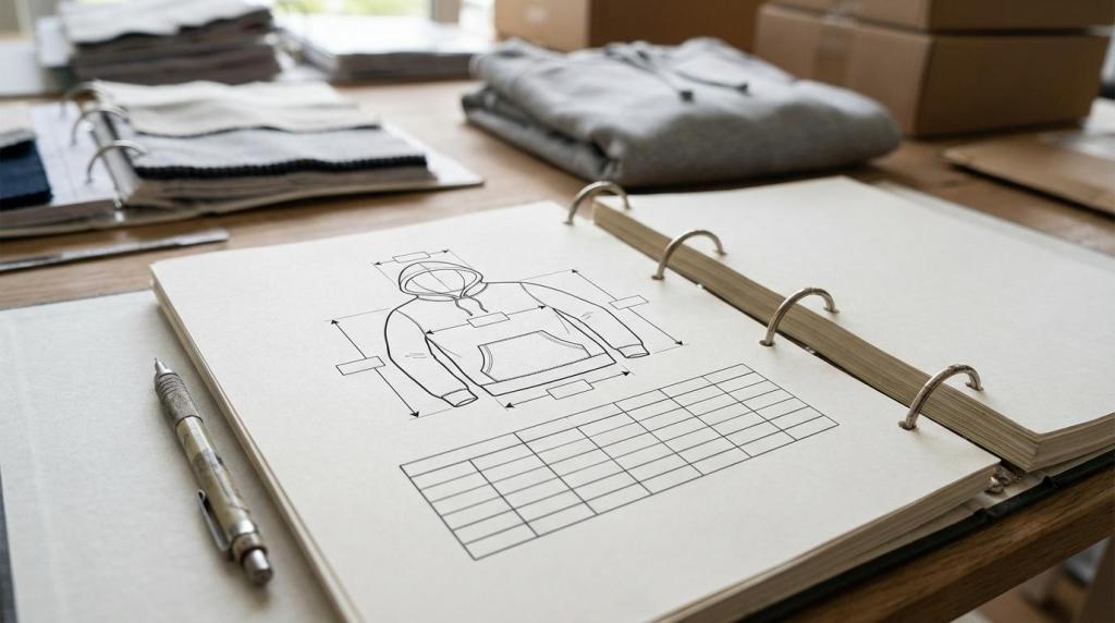 Tech pack til tøj og merchandise: Indhold, målskema, BOM og artworks